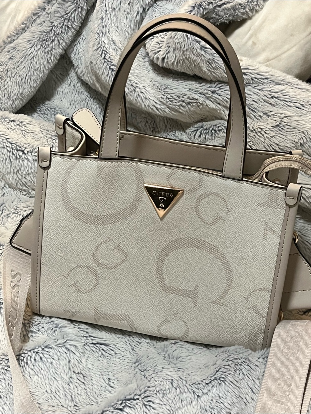 Guess Cream Logo-Print Satchel with Gold-Tone Accent
